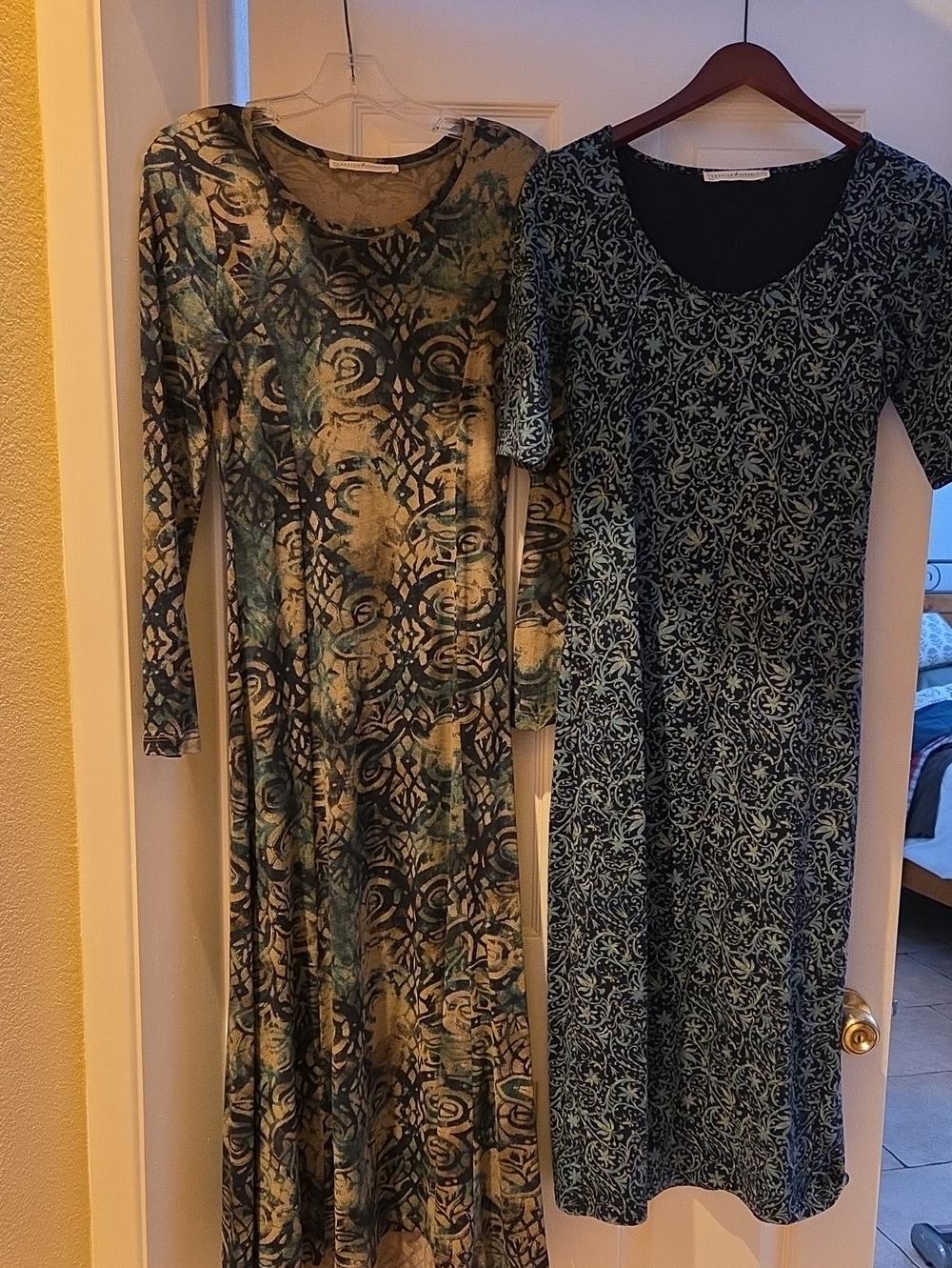 Peruvian Connection Blue and Green Long Sleeve Patterned Maxi Dress